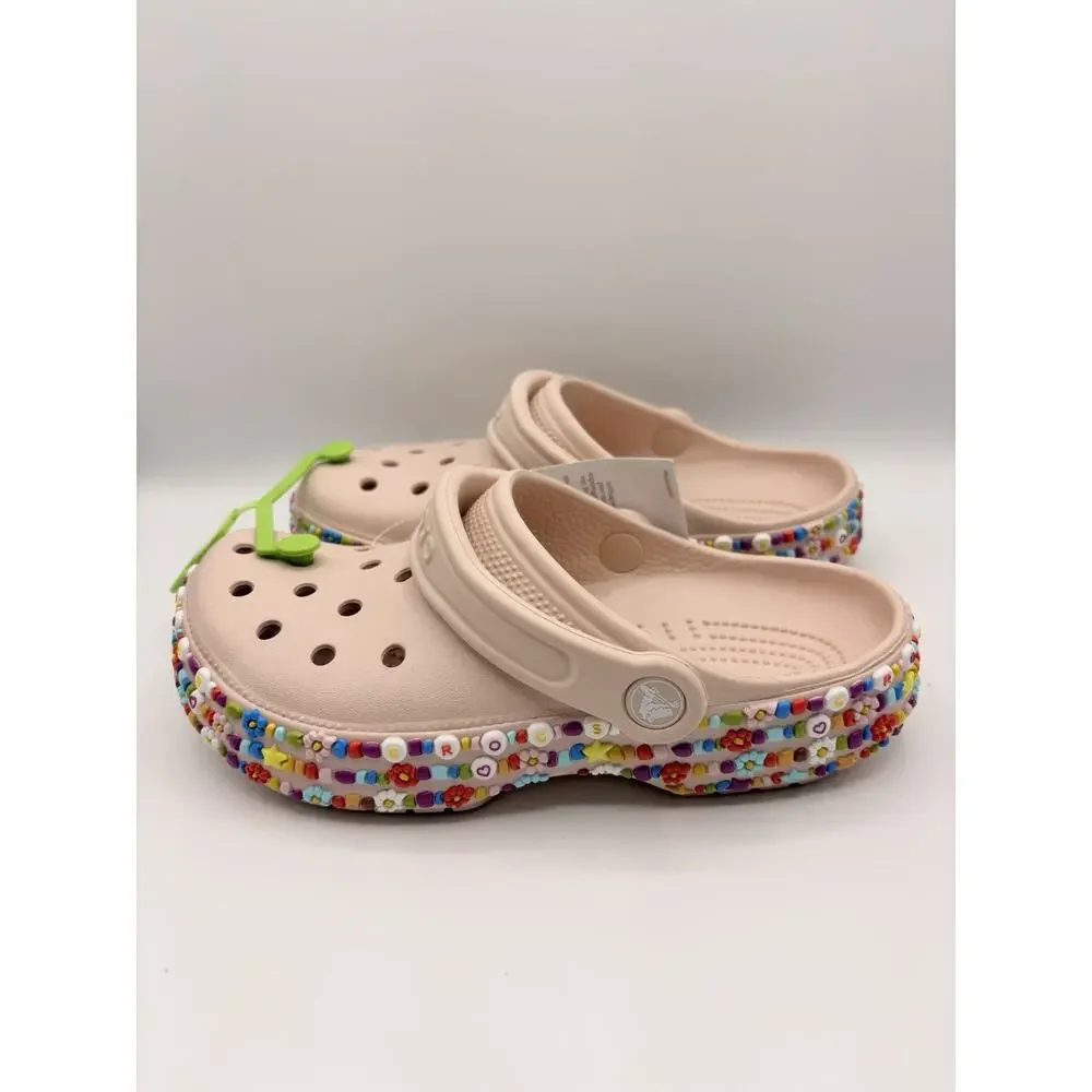 Crocs Kid’s Beaded Band Clog - Multicolor Beads Sandals Beige 211614 Sz J4 NWT